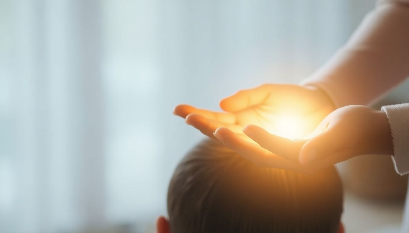 Hands emitting golden light over a person's head.
