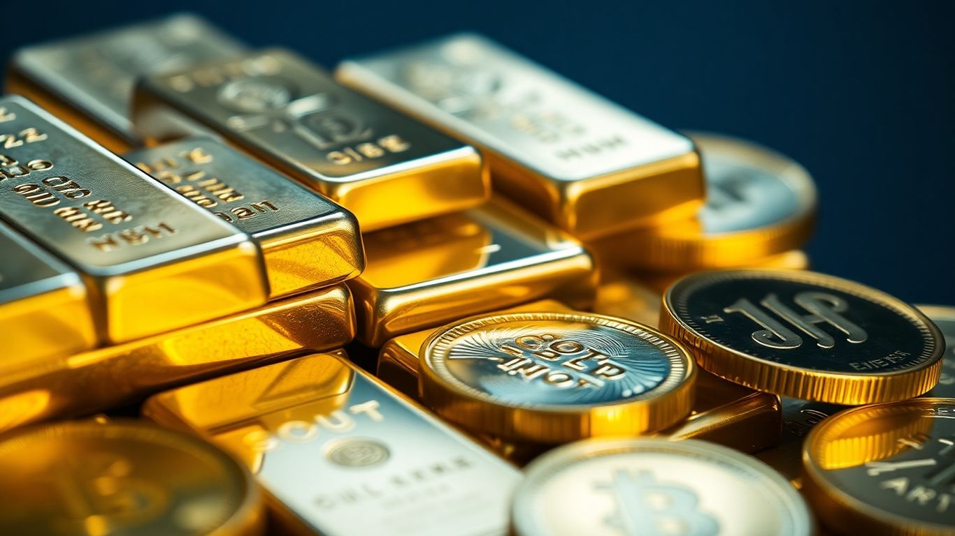 Glänzende Goldbarren und -münzen, Nahaufnahme.