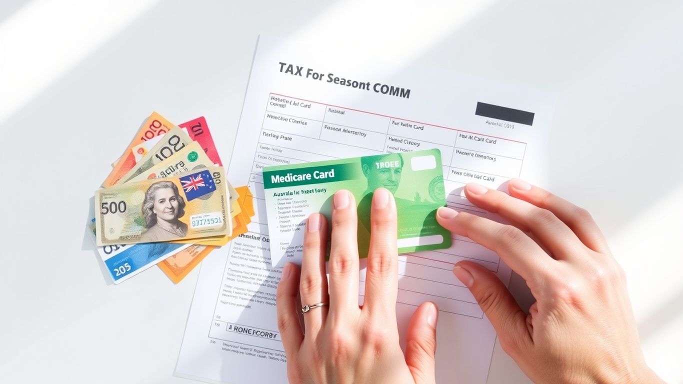 Australian dollars, Medicare card, and tax form together.