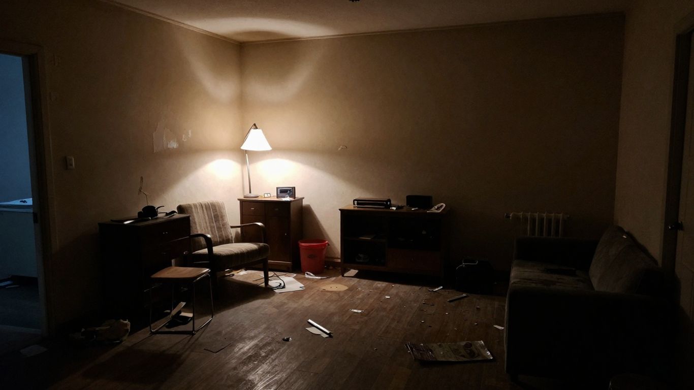 Cluttered and damaged Airbnb interior with poor upkeep.