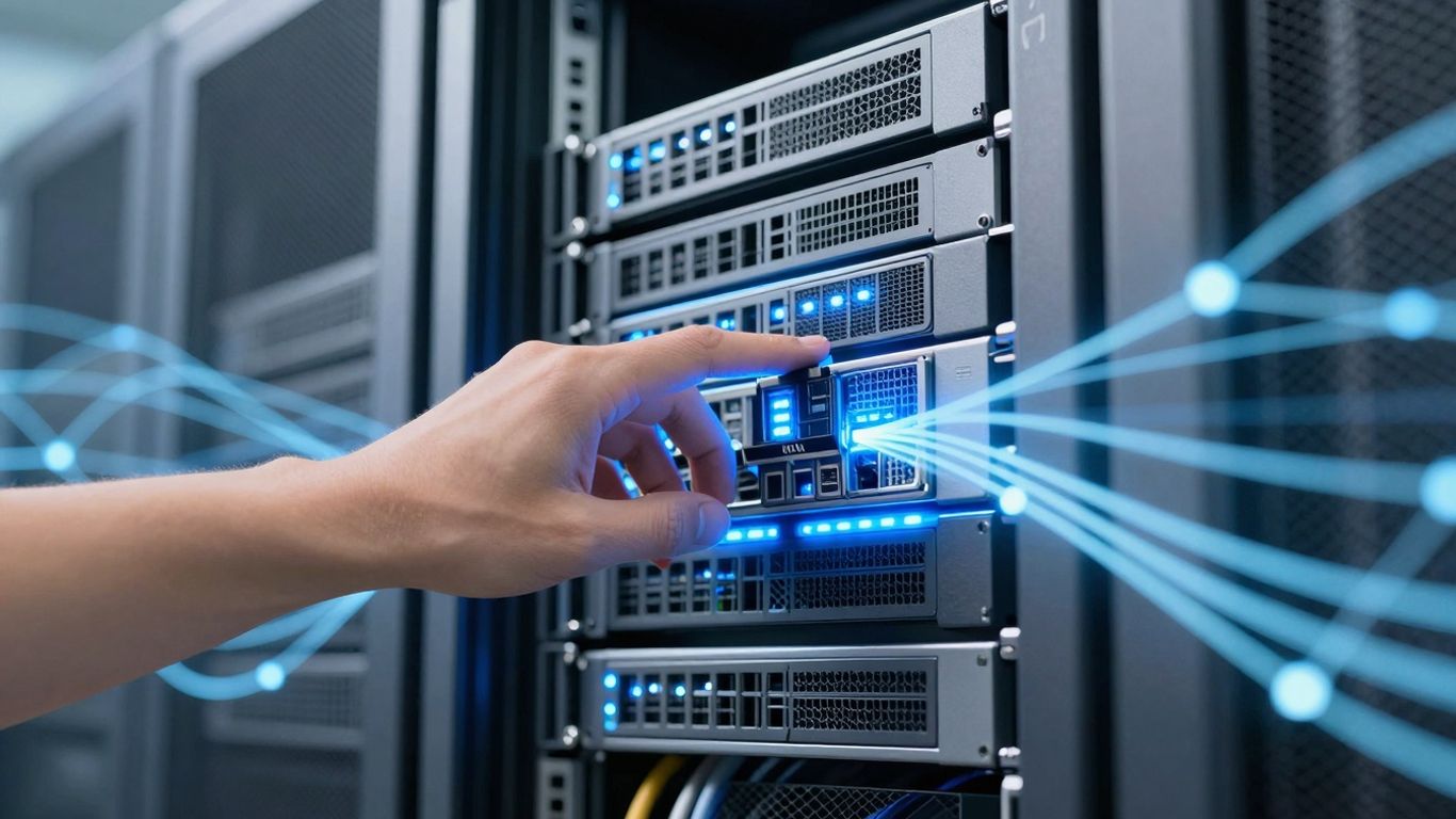 IPTV server rack with data streams and hand selecting server.