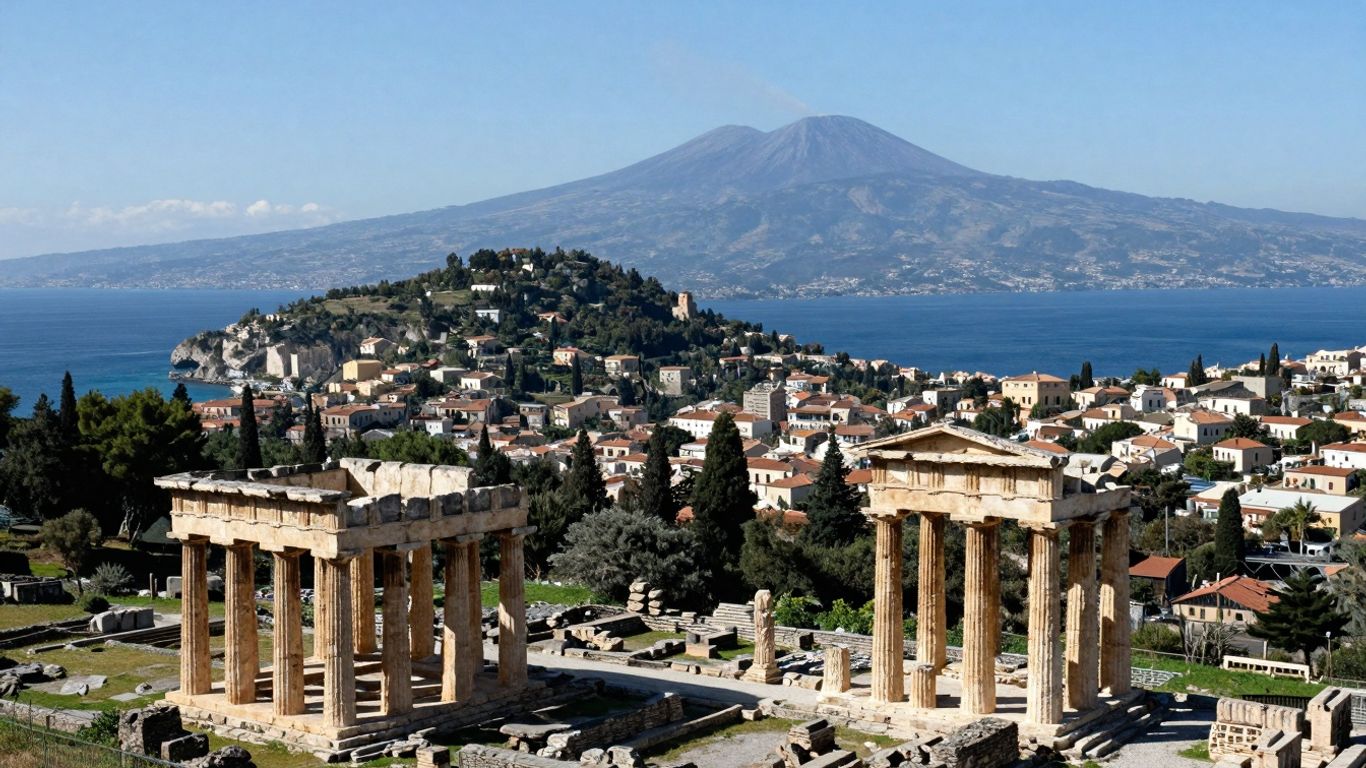 Ancient ruins overlooking the sea with Mount Etna.