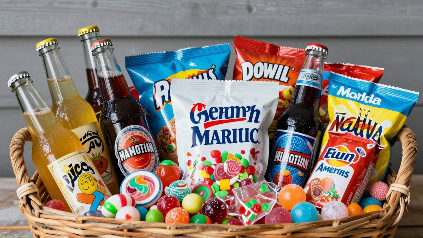American sweets and drinks hamper overflowing with treats.
