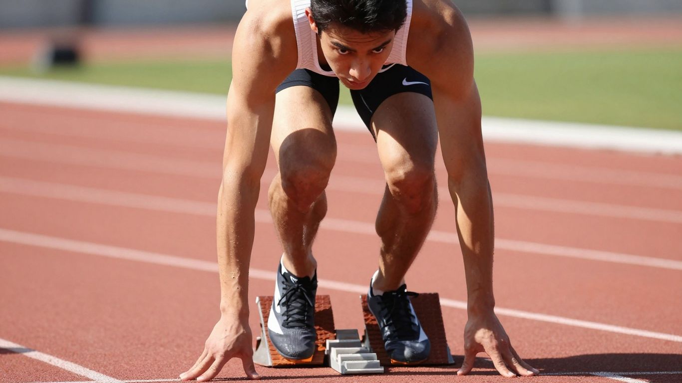 Athlete poised on starting block before a race.