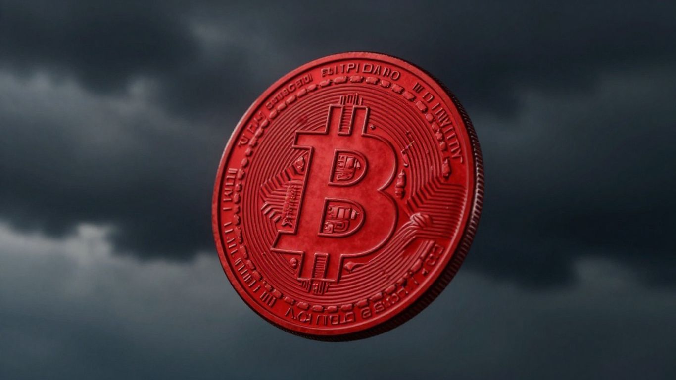 Bitcoin coin falling sharply against a dark, stormy sky.