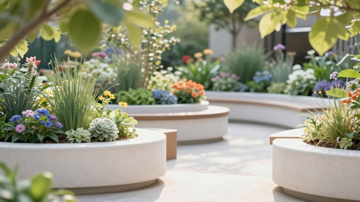 Temporärer Garten mit grünen Pflanzen und Sitzgelegenheiten.
