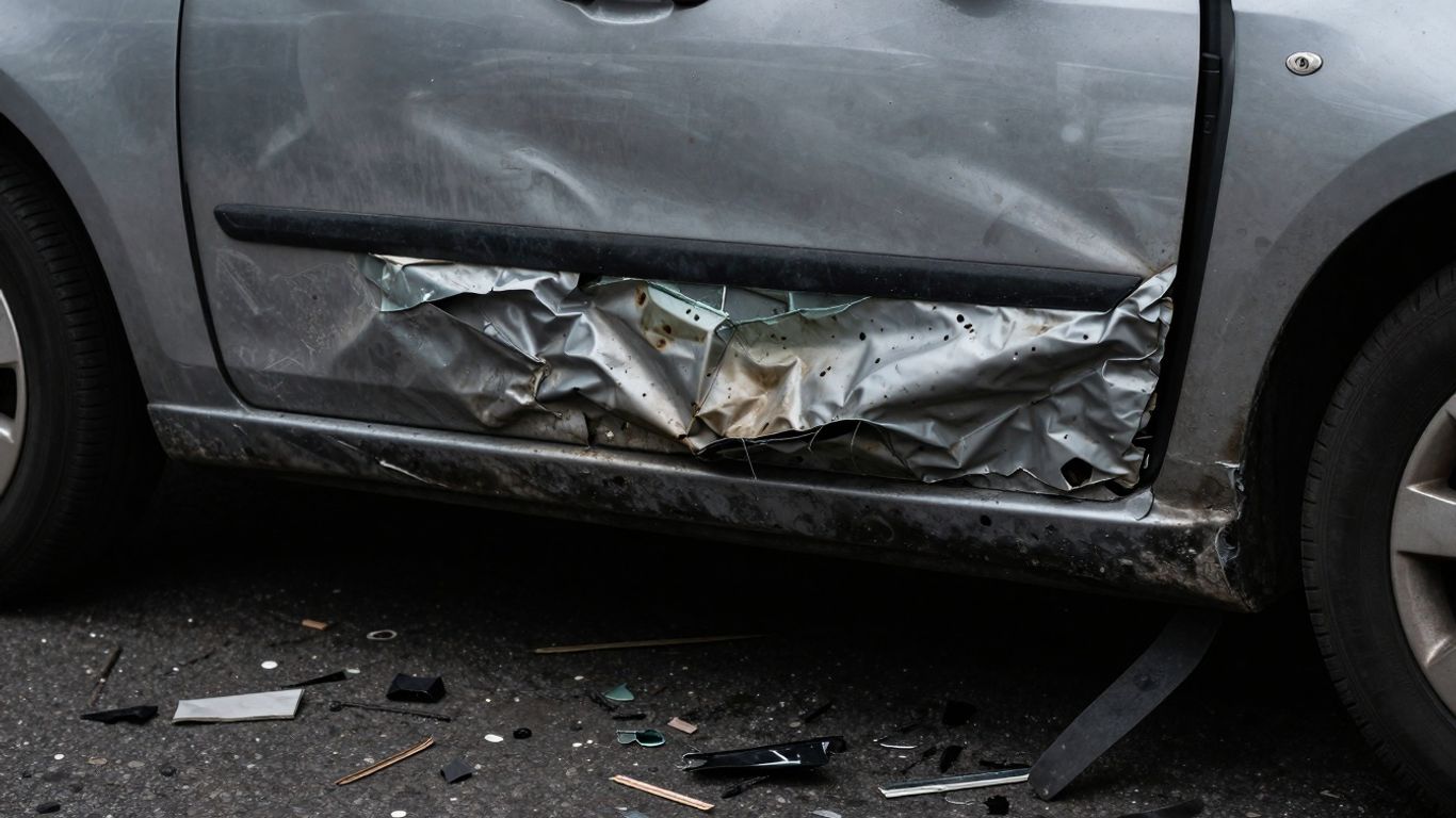 Beschädigte Autotür nach einem Unfall mit Trümmern auf dem Asphalt.