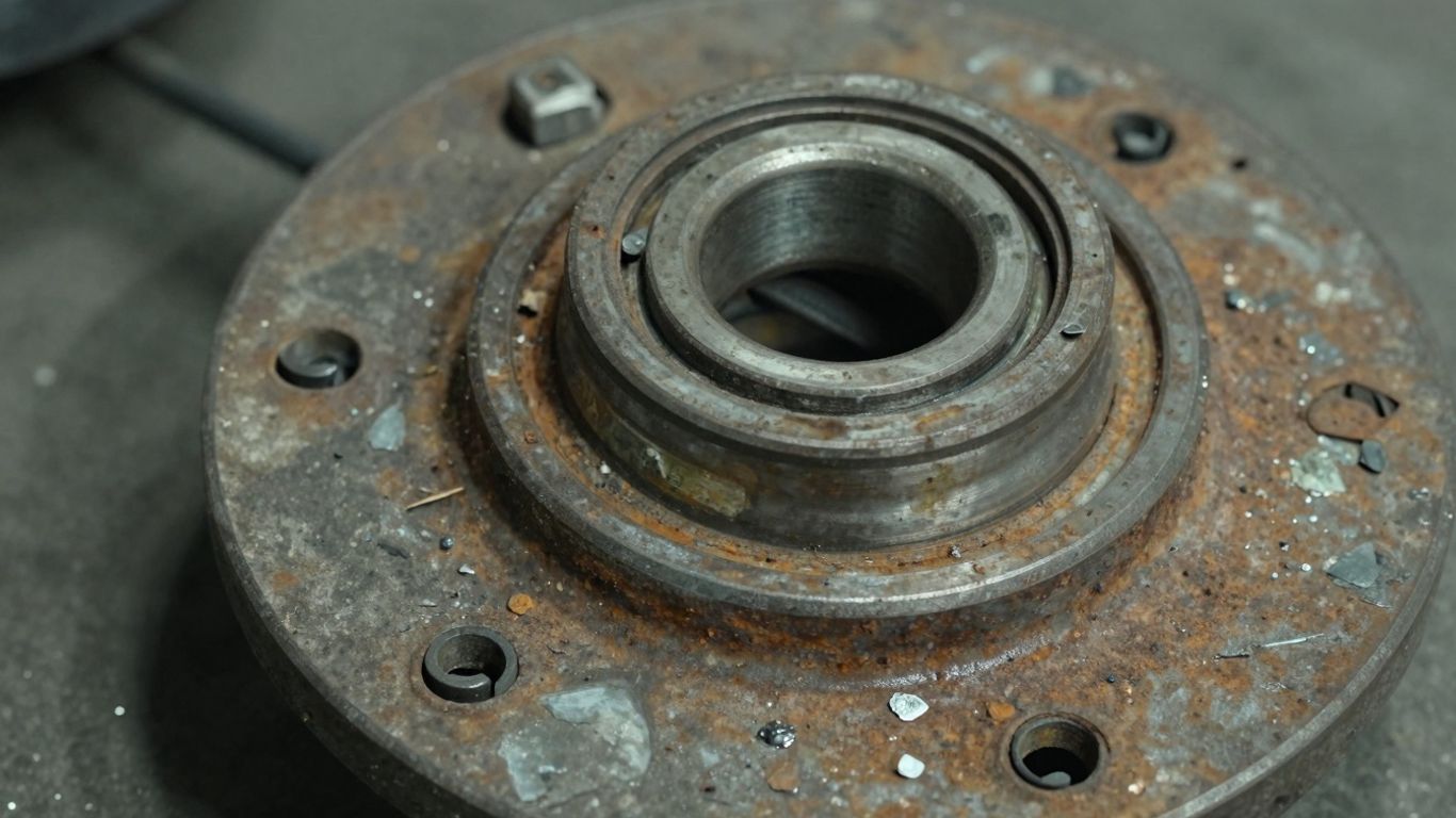 Damaged and rusted wheel hub with scattered metal fragments.