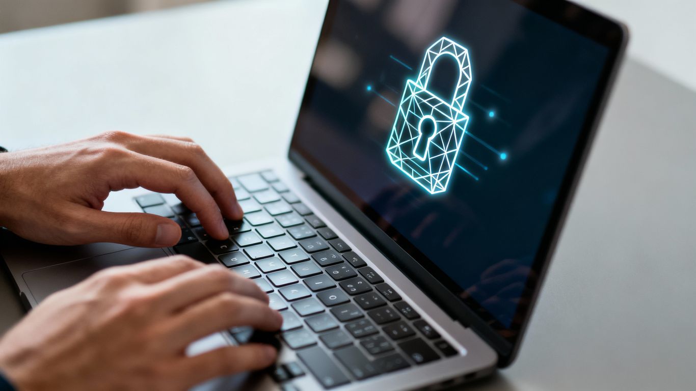 Mãos digitando em um laptop com ícone de segurança.