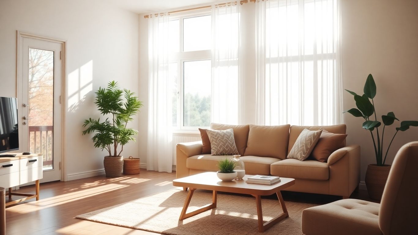 Sala de estar luminosa con sofá cómodo y luz solar.