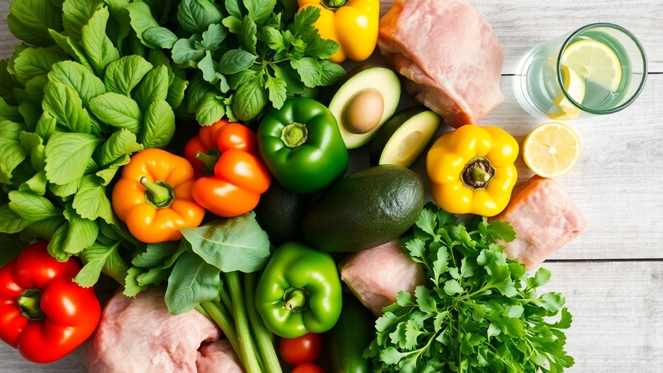 Keto groceries with fresh vegetables and lean meats.