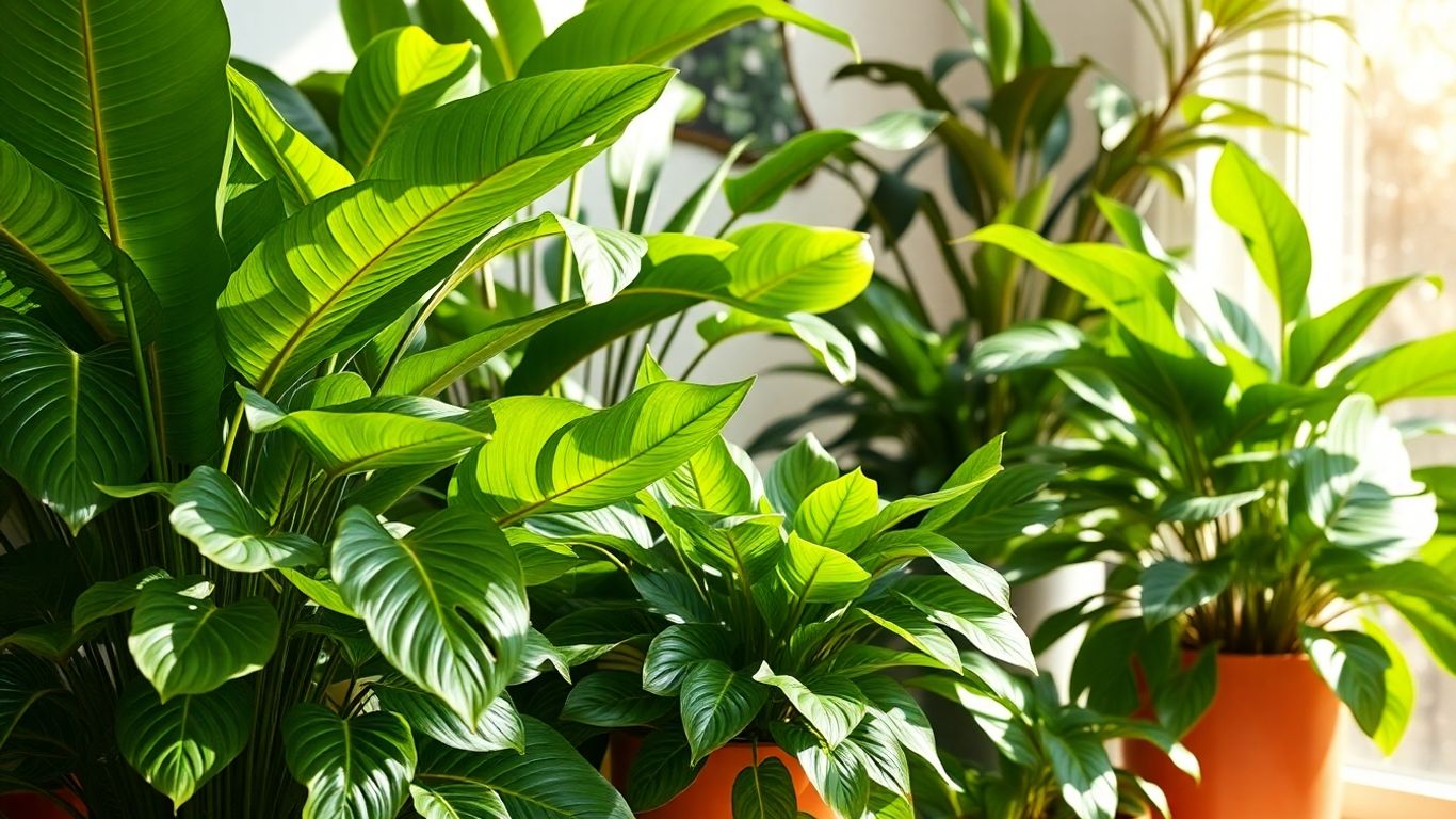 Plante verzi luxuriante, purificatoare de aer, în ghivece elegante.