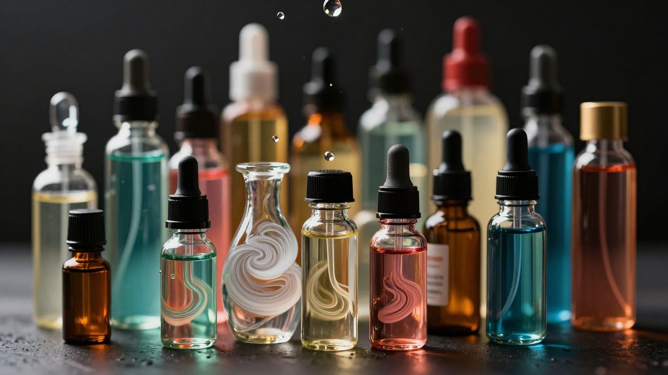 Bunte Liquids und Aromen in einer Vape-Shop-Auswahl.