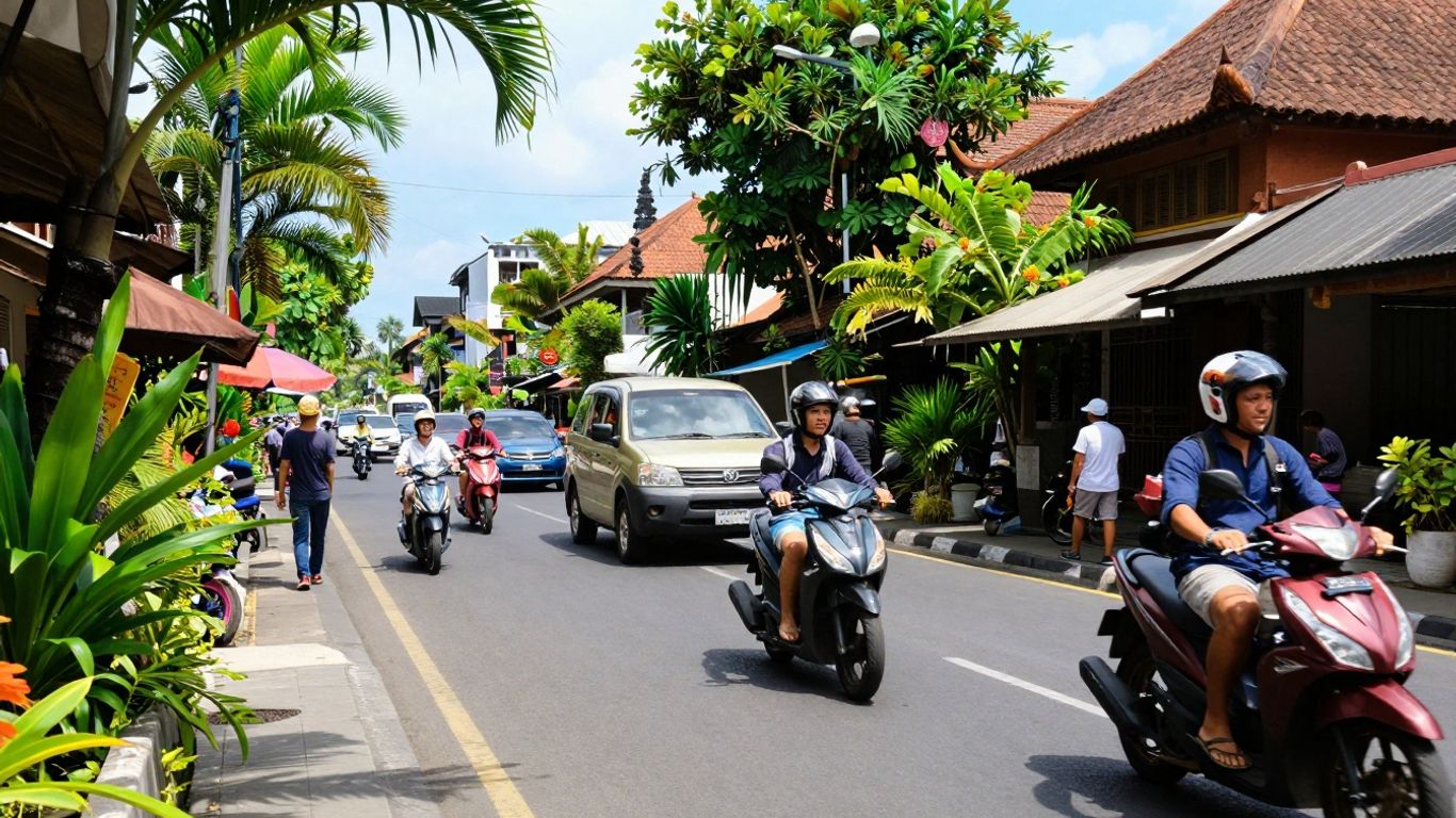 Busy Bali street with scooters and cars.