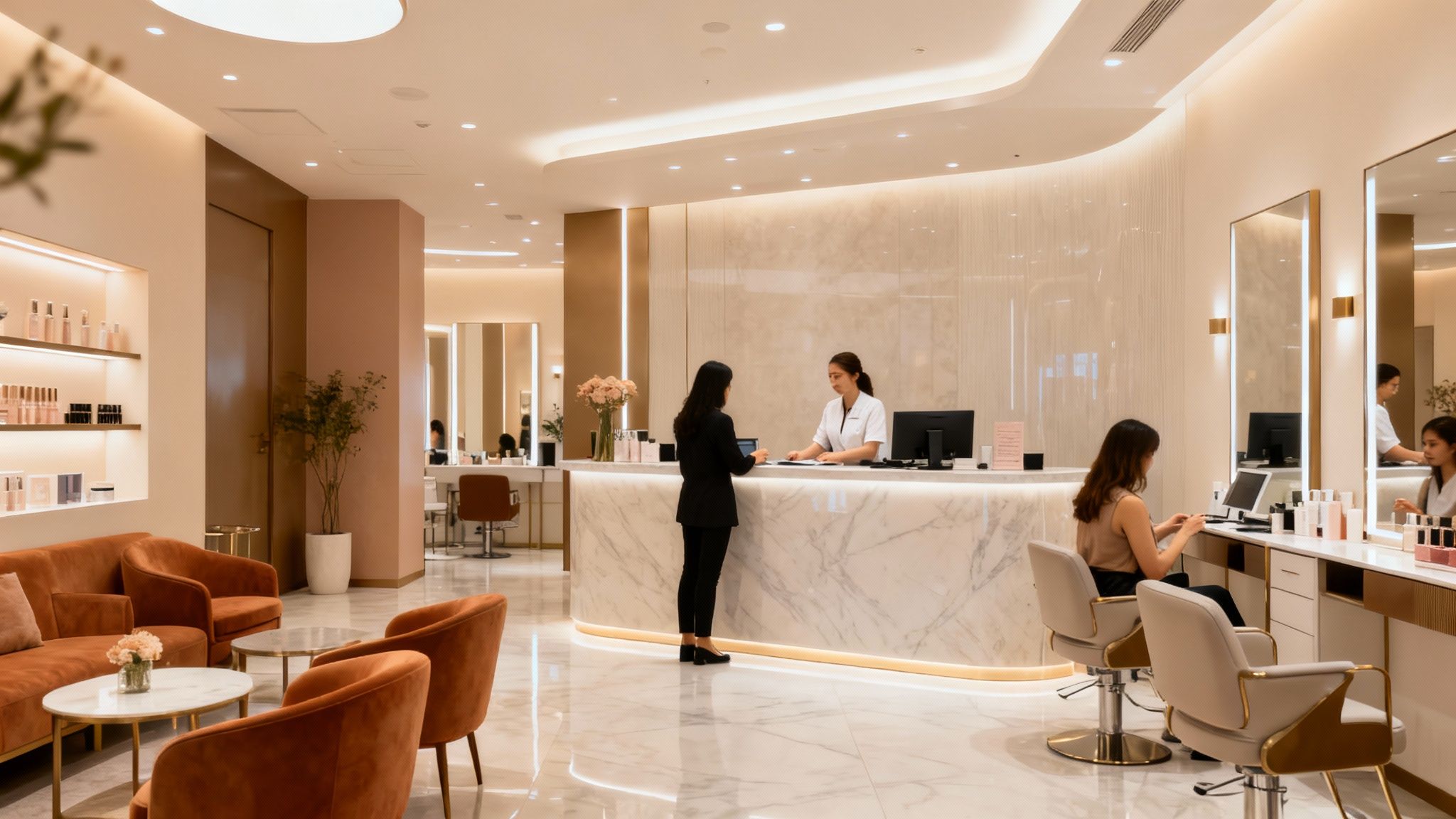 Beauty salon interior with clients at the front desk.