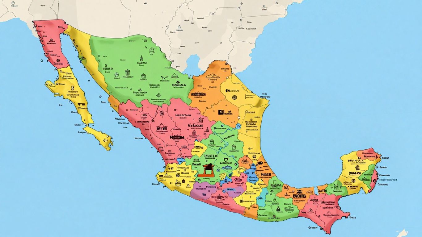 Mapa político de México con estados y capitales.