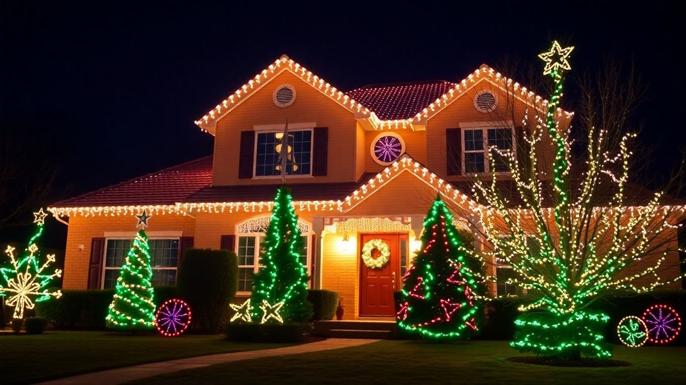 Professionally installed Christmas lights on a house.