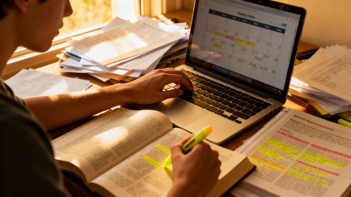 Student managing time with books and laptop.