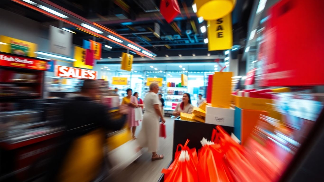 Exciting flash sale with vibrant products and energetic atmosphere.