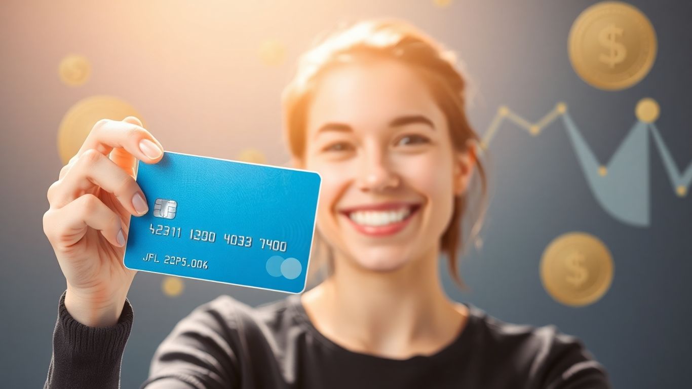 Persona feliz con tarjeta de crédito y elementos financieros.