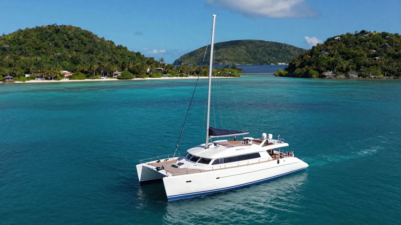 Catamaran sailing on turquoise water near St. Thomas islands.