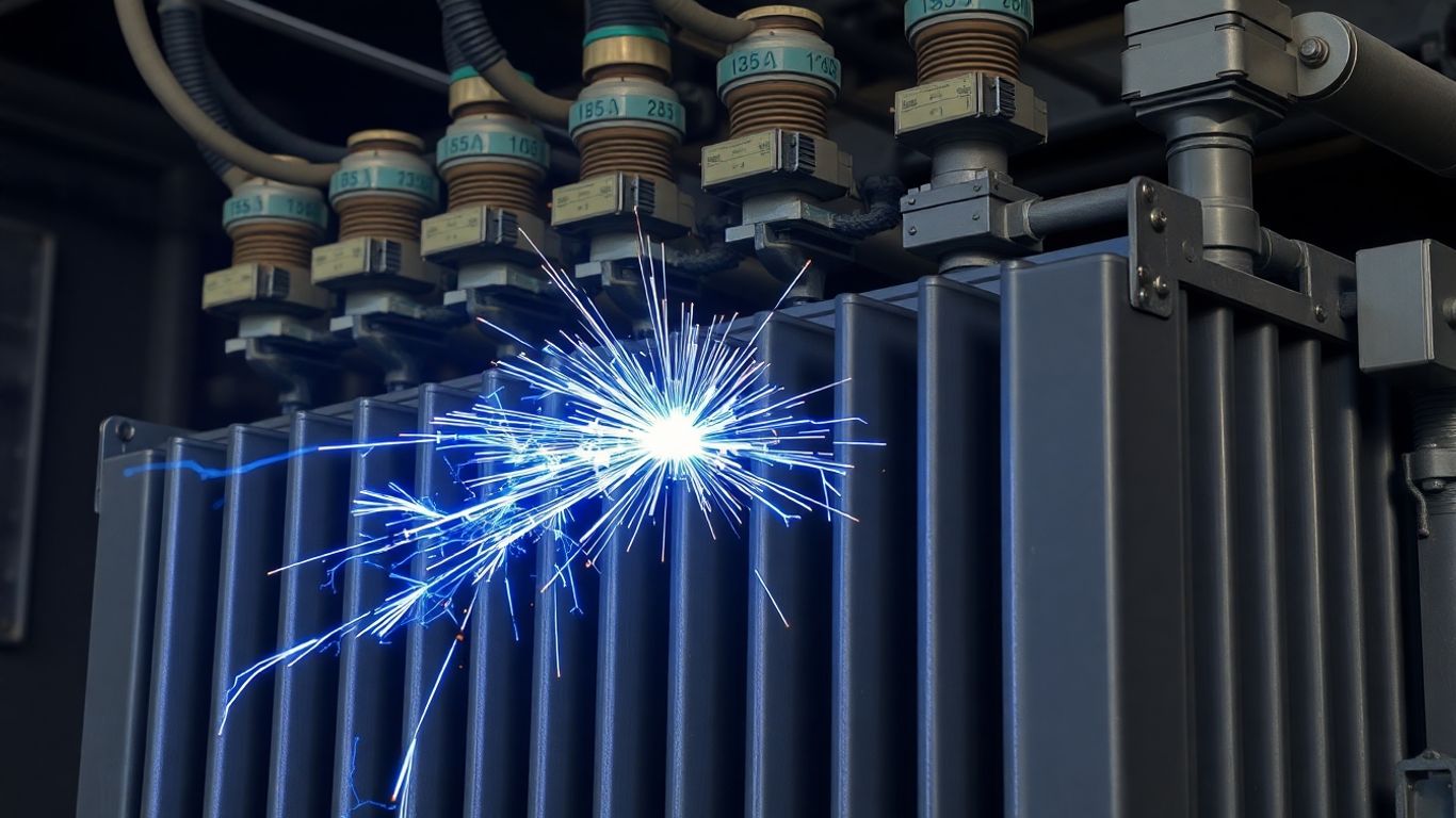 Electrical transformer with sparking cables and blue energy arcs.