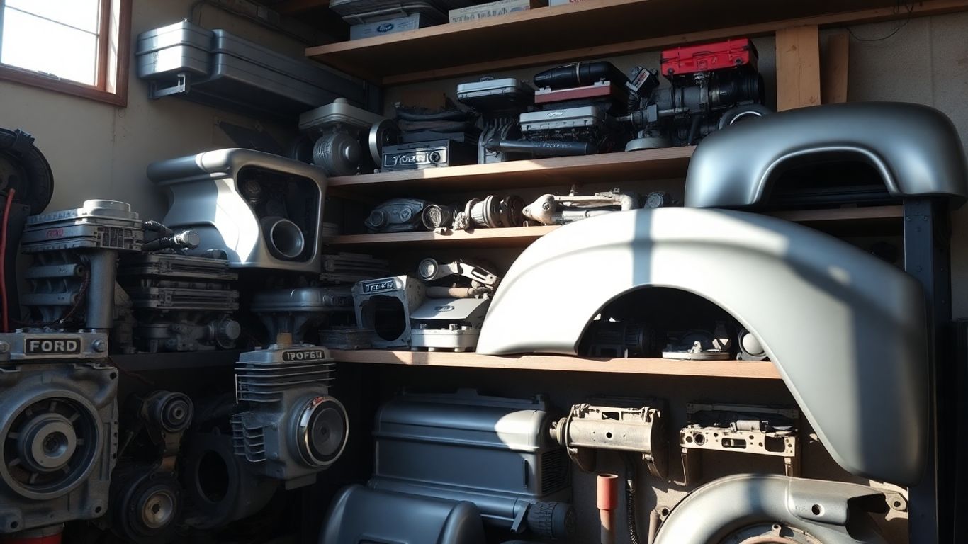 Ford car parts on a shelf
