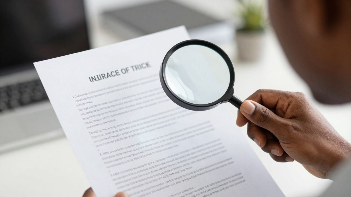 Person reviewing insurance policy with magnifying glass.