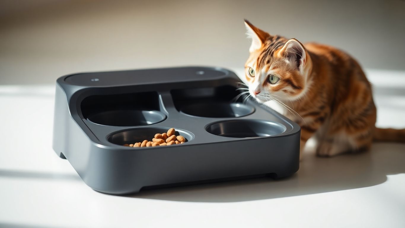 Modern automatic pet feeder with a curious cat nearby.