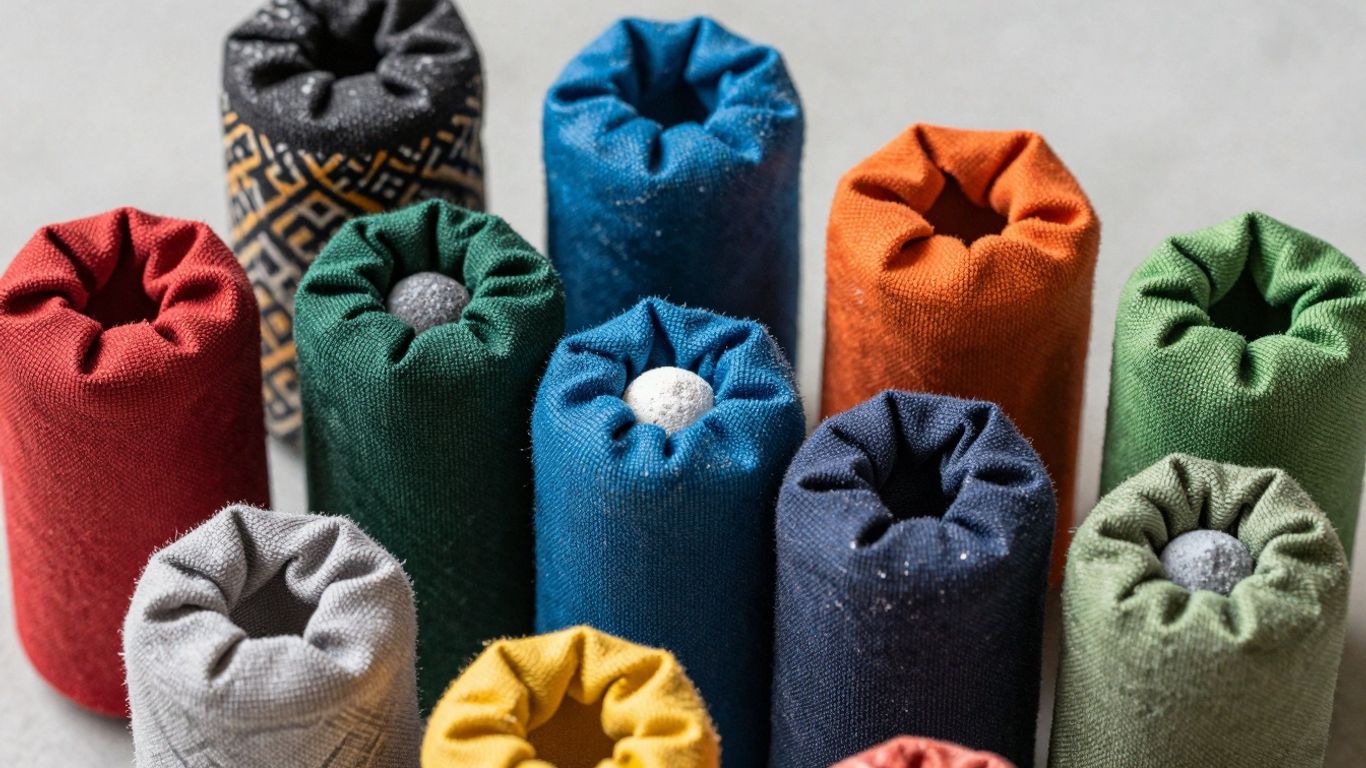 Colorful climbing chalk bags with chalk dust.