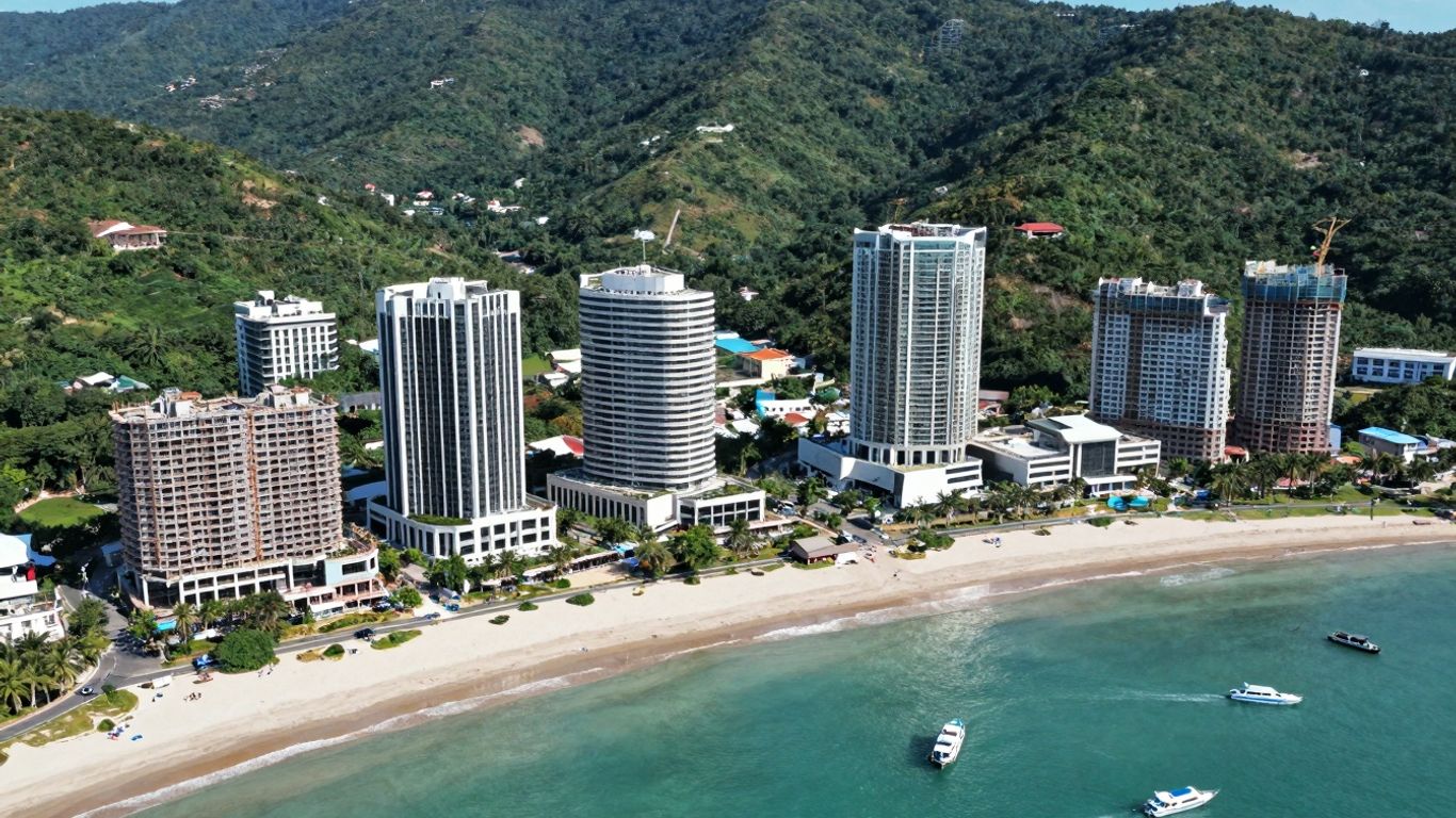 Aerial view of Phuket coastline with new developments.