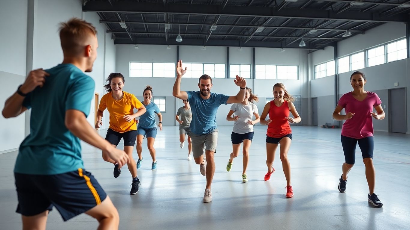 Trainer motiviert Sportler in einer lebhaften Sportstunde.