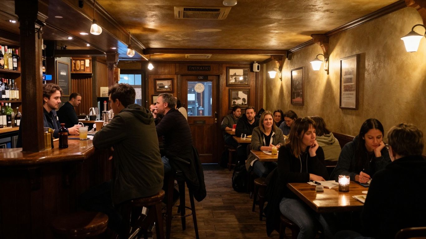 Cozy interior of Barlow Tavern with patrons socializing.