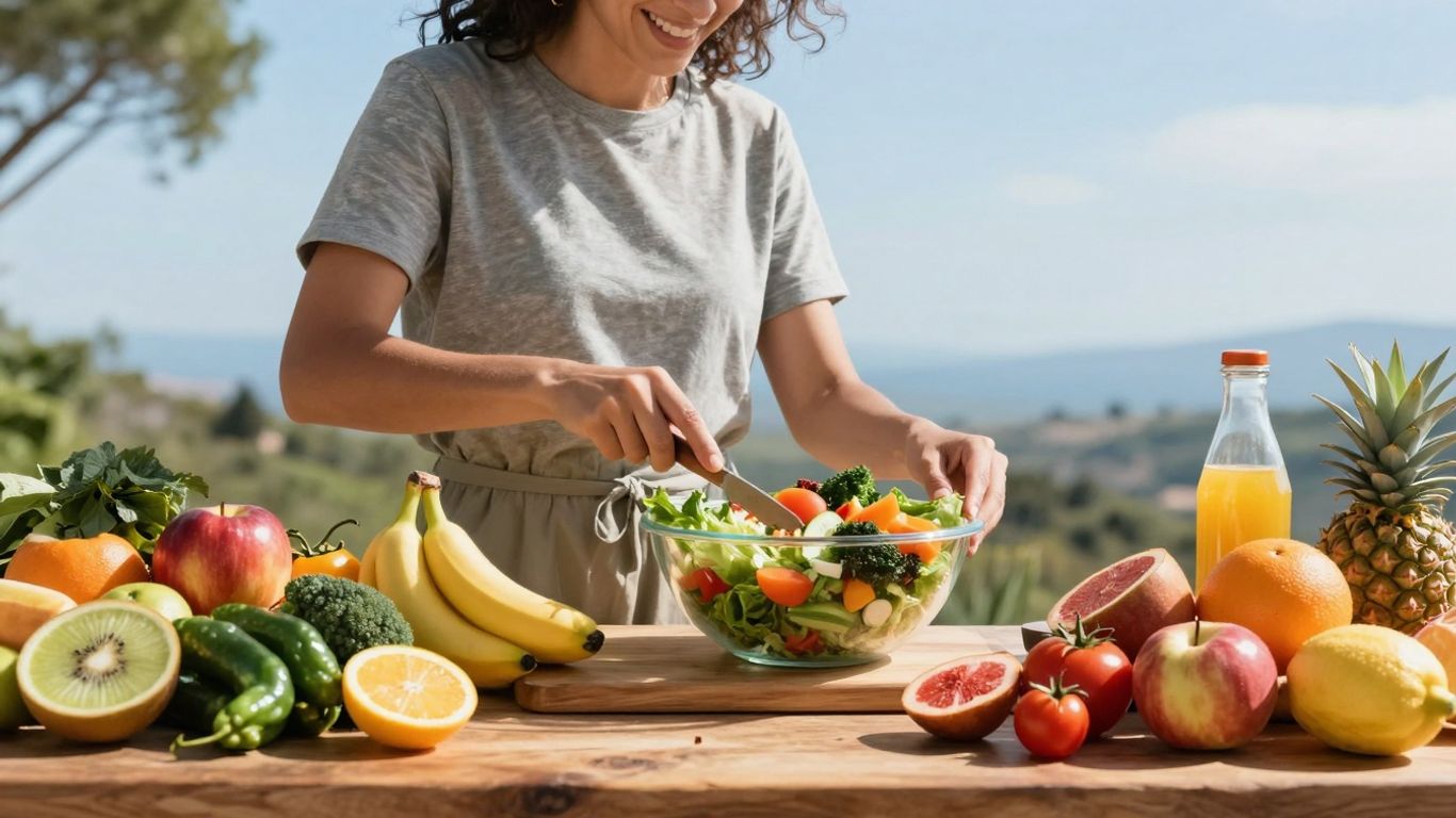 Pessoa feliz preparando comida saudável com frutas e vegetais.