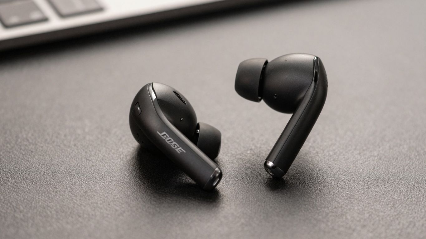 Bose Truly Wireless Earbuds on a dark surface.
