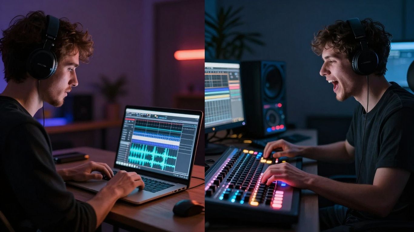 Musician and producer collaborating in a studio setting.