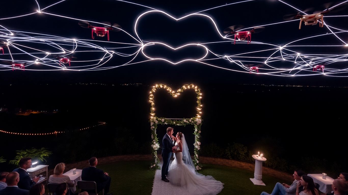 Pertunjukan drone di atas pasangan pengantin