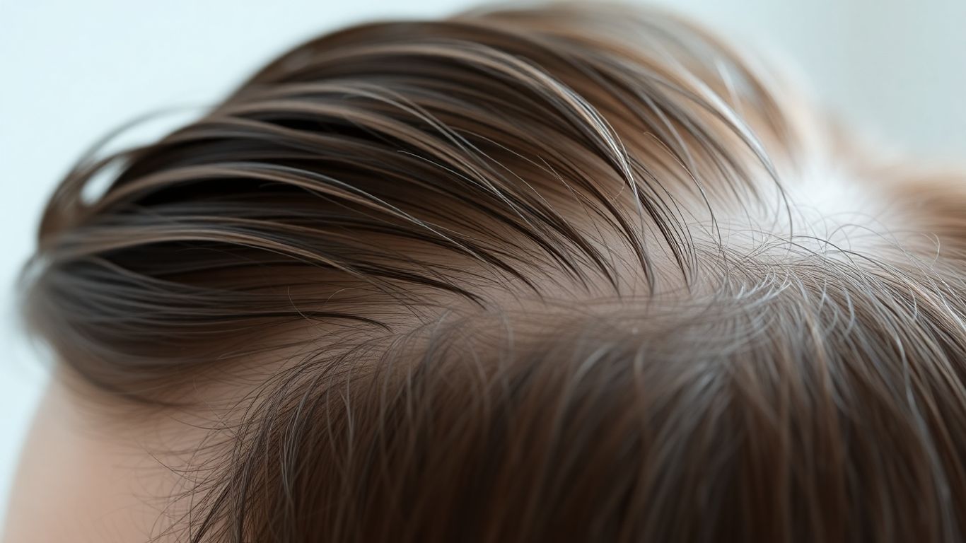 Close-up of healthy hair follicles and strands on a scalp.