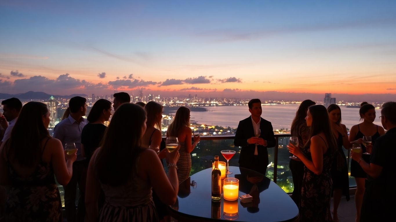 Expats networking at a Phuket rooftop bar at sunset.