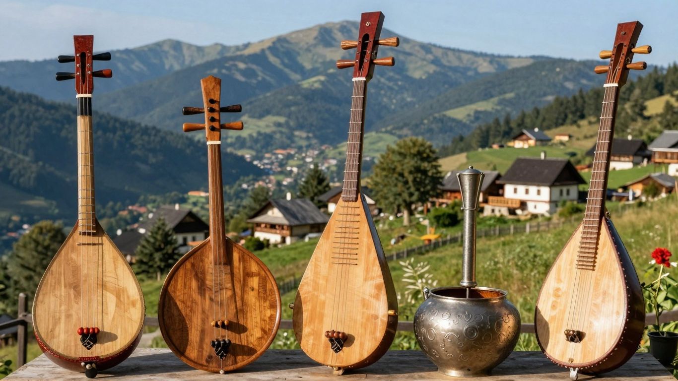 Instrumente populare românești vechi și munți Carpați.