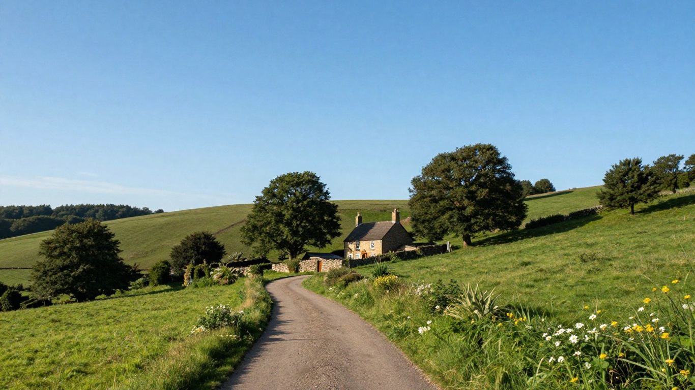 Peisaj liniștit cu un drum spre o căsuță simplă.