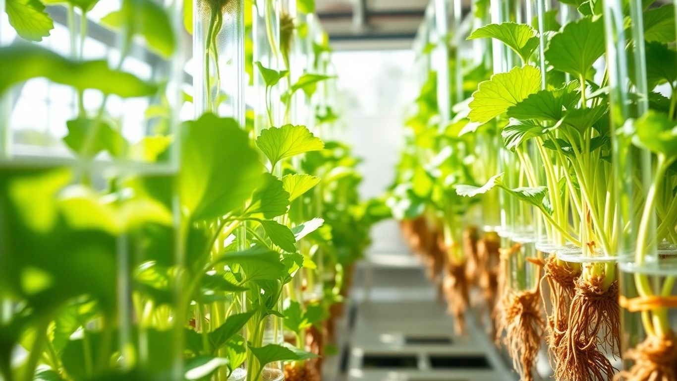 Indoor hydroponic garden with healthy green vegetables.