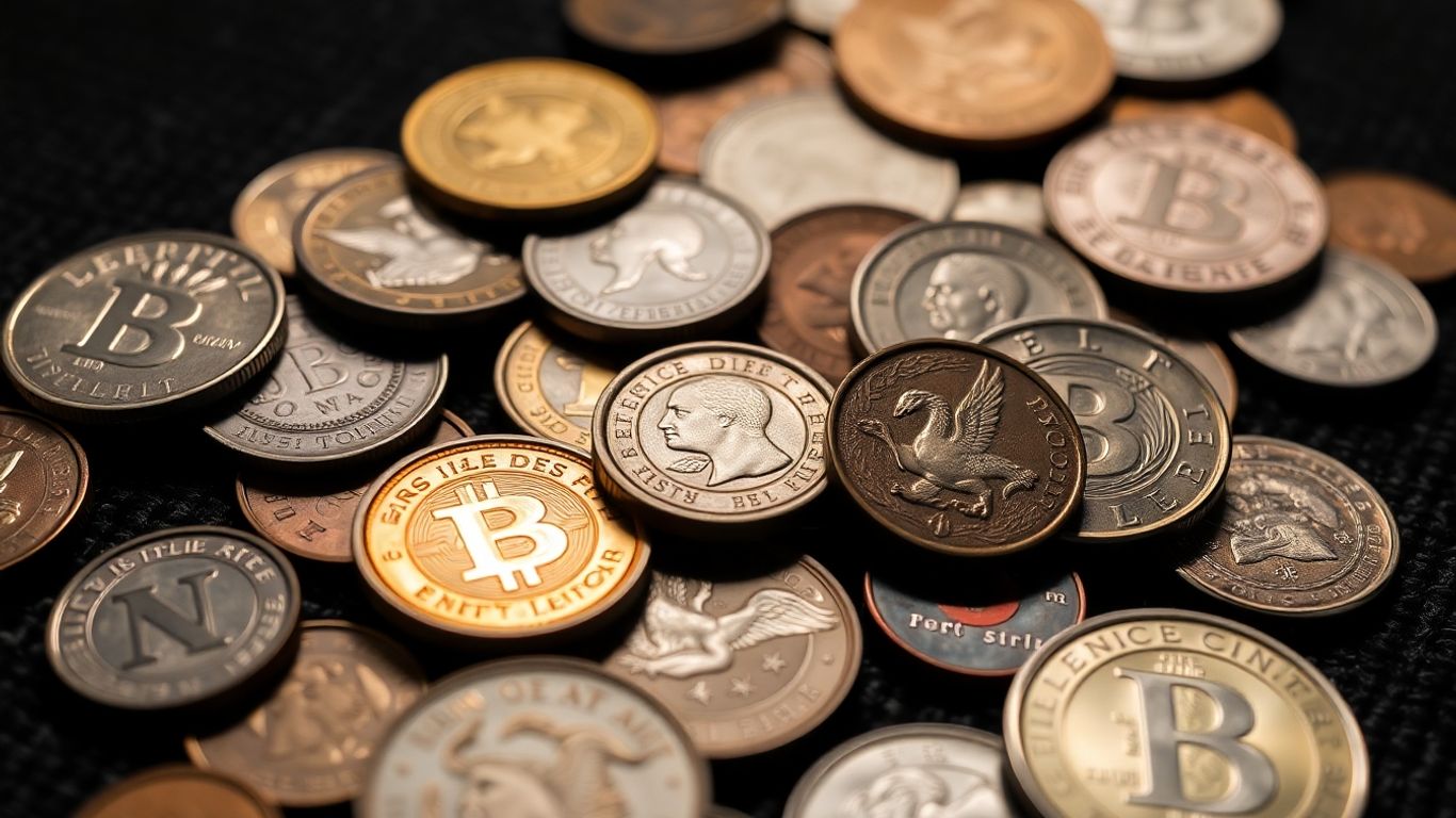 Collection of diverse coins on a dark surface.