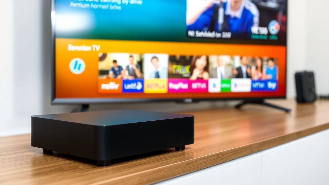 Android TV box with streaming interface on screen