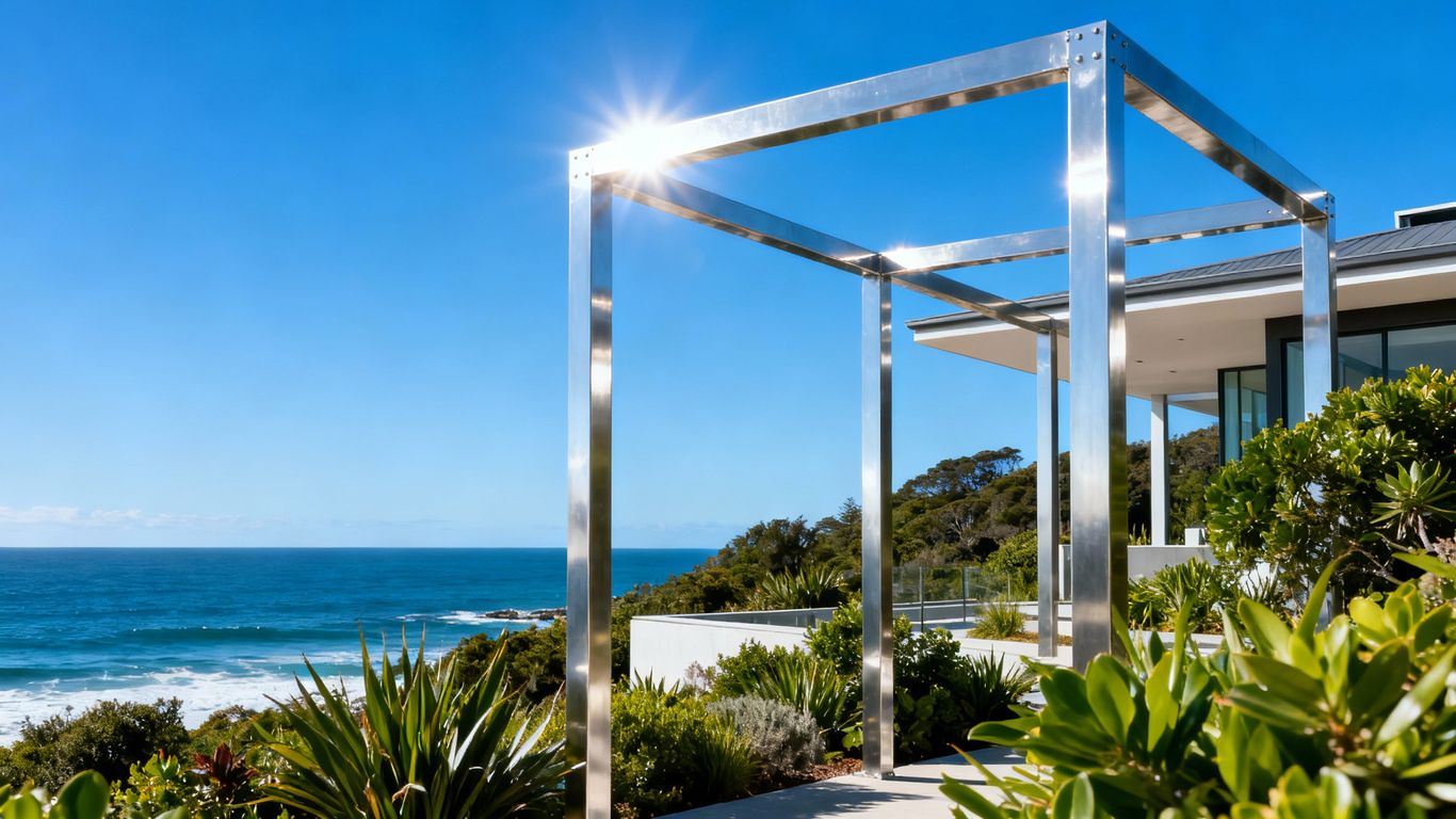 Coastal home with durable metal framing and ocean view.