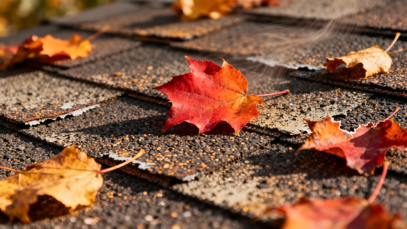 Autumn leaves on a residential roof.