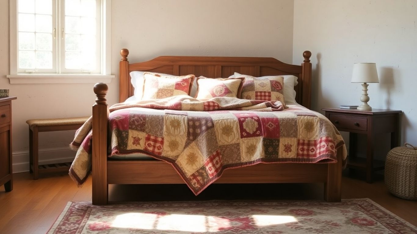 Cozy country bedroom with patchwork quilt and rustic wood bed.