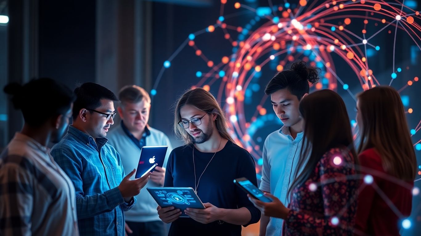 People interacting with digital interfaces and data streams.