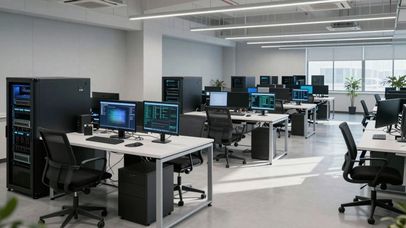 Modern office with diverse technology and interconnected IT infrastructure.