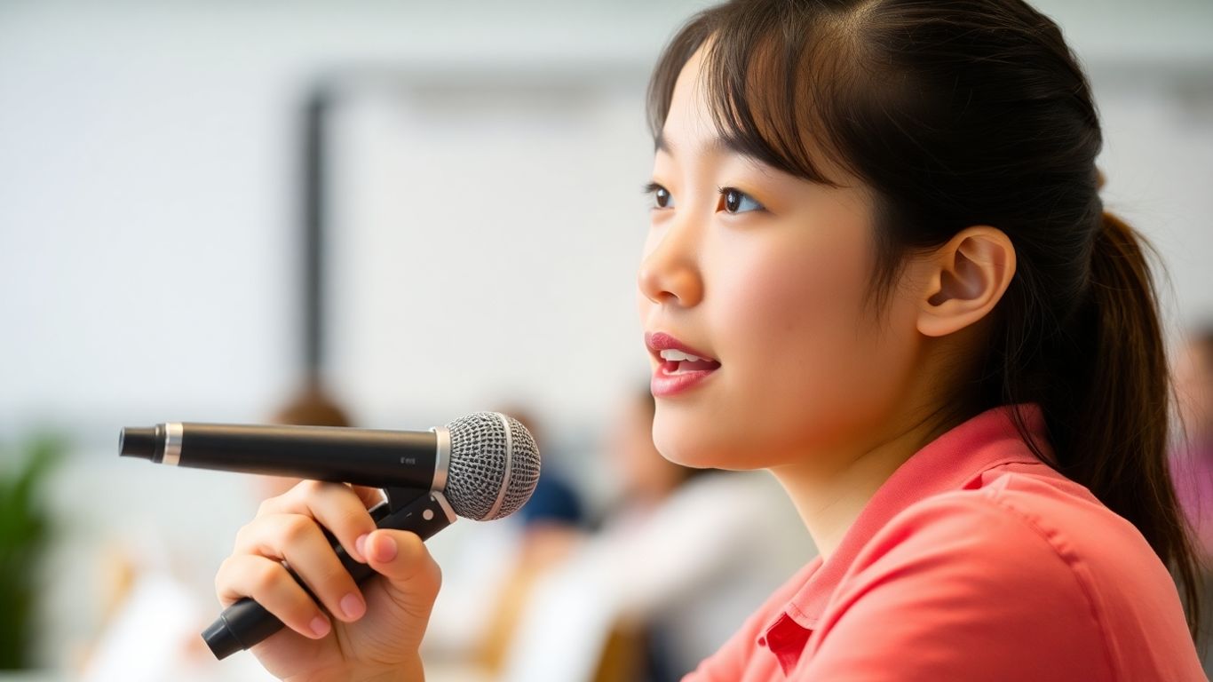 Student speaking confidently into a microphone for TOEFL.